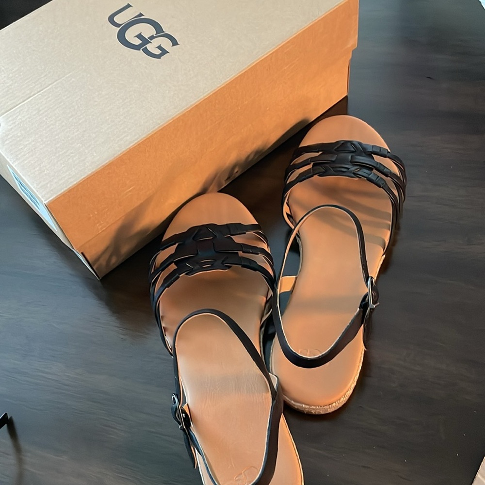 UGG Black Braided Leather Slide Sandals